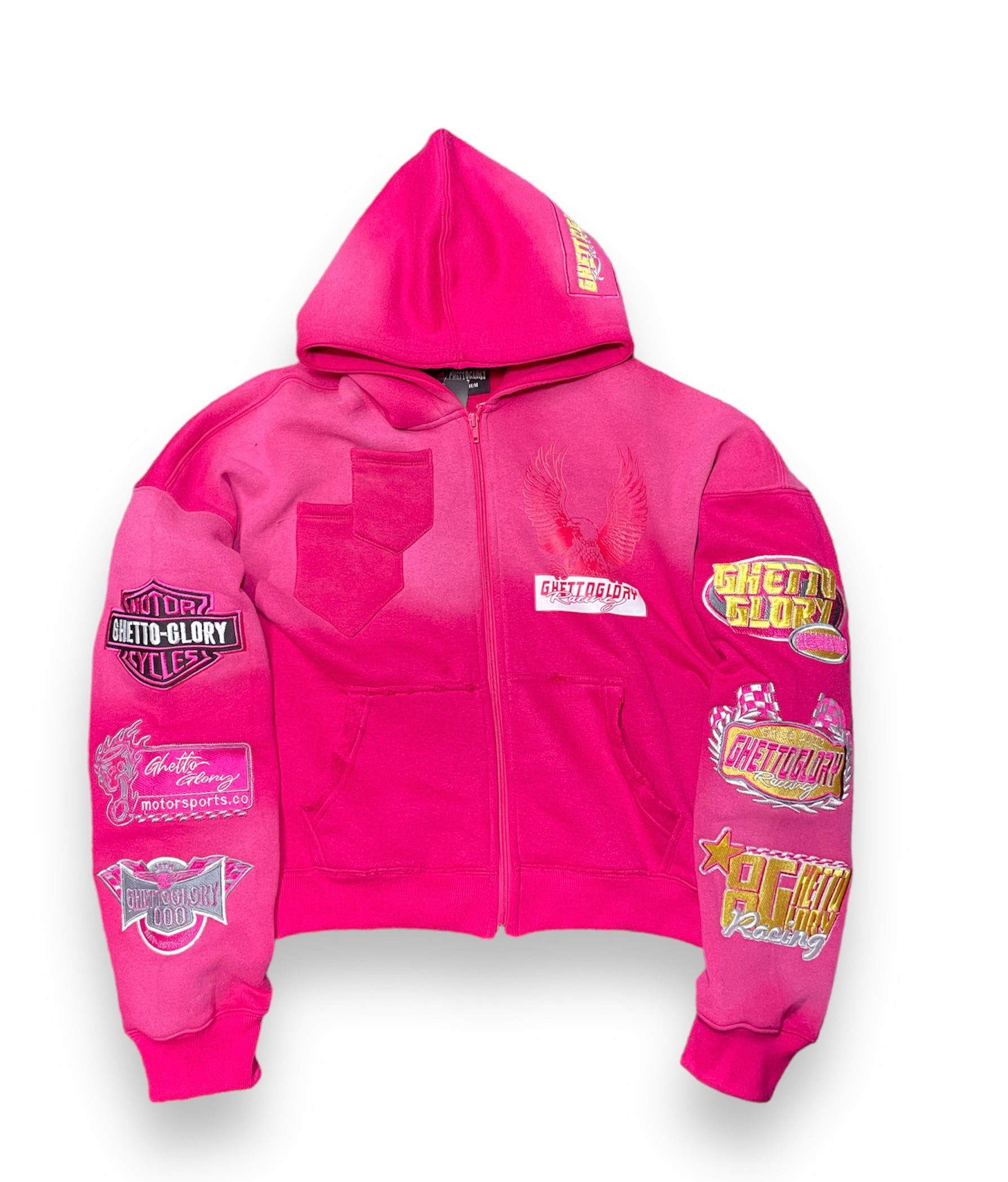 pink patched racing zip-up – Ghetto Glory